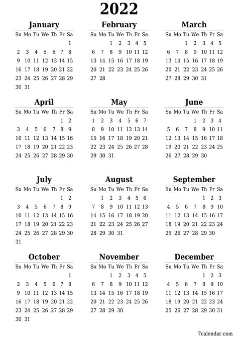 2022 Yearly Calendar With Blank Notes Free Printable Templates