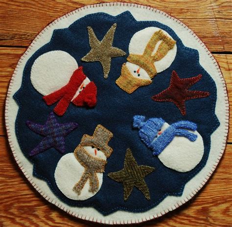 Primitive Penny Rug Candle Mat Christmas Snowman Stars Wool Etsy