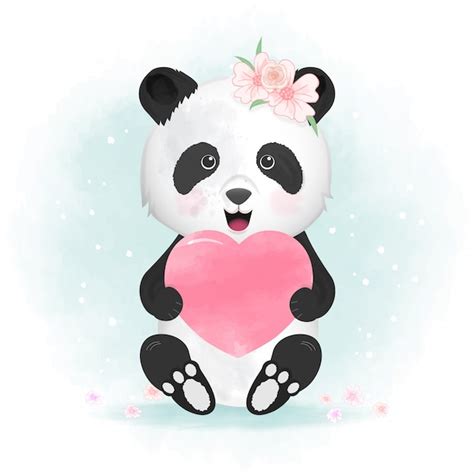 Panda Mignon Et Coeur Dessiné à La Main Illustration Vecteur Premium