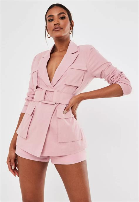 Pink Co Ord Linen Look Belted Utility Blazer Missguided Coats
