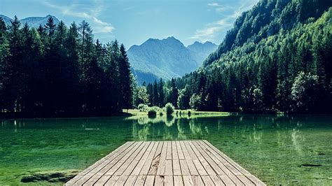 Brown Wooden Dock Nature Forest Lake Dock Mountains Hd Wallpaper