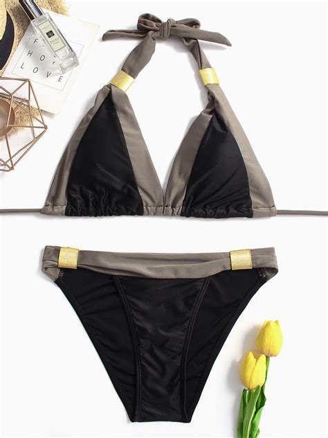 Black And Grey Backless Halter Neck Bikini Set With Padded Chest Us