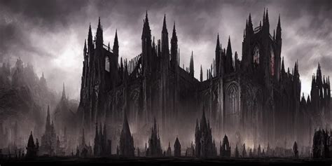 A Dark Fantasy Landscape With A Gothic Cathedral With Stable
