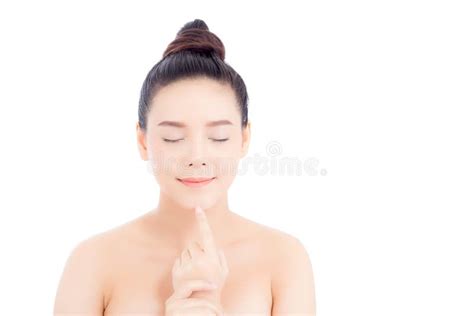 Portrait Of Beautiful Woman Asian Makeup Of Cosmetic Girl Hand Touch Chin And Smile Attractive