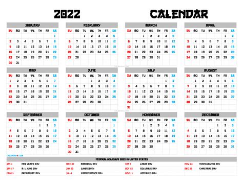 2022 Calendar With Us Holidays And Notes Landscape Layout Images