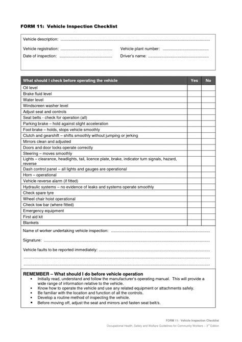Vehicle Safety Inspection Checklist Form Car Maintenance Tips Food