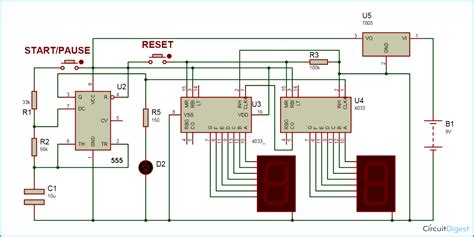 Simple Digital Stopwatch Circuit Diagram Using 555 Timer Ic And Cd 4033