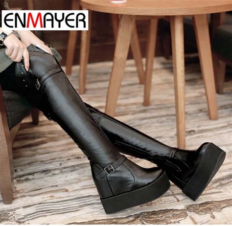 Enmayer New Over The Knee Women Boots Sexy Rivets Wedges Warm Fur