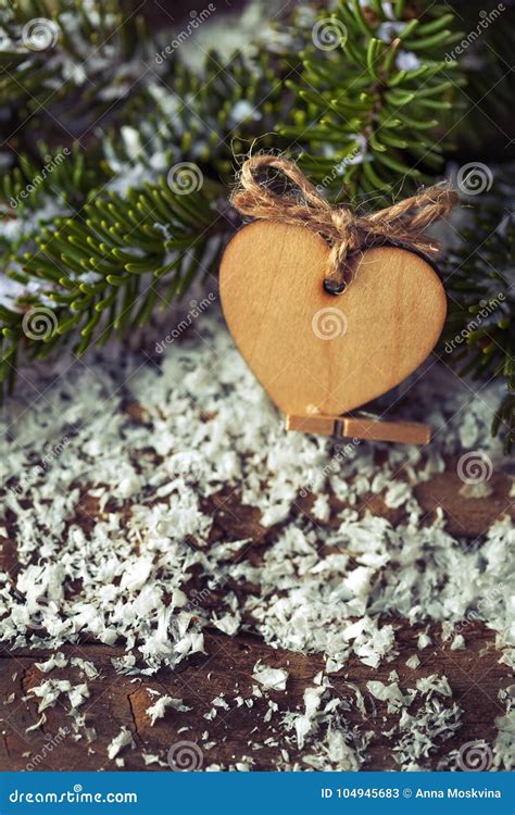 Christmas Heart Wooden Shape With Fir Tree On Wood Stock Image Image
