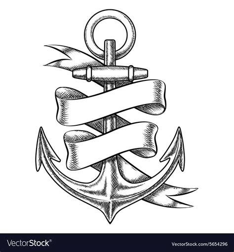 Vector Hand Drawn Anchor Sketch With Blank Ribbon Nautical Isolated
