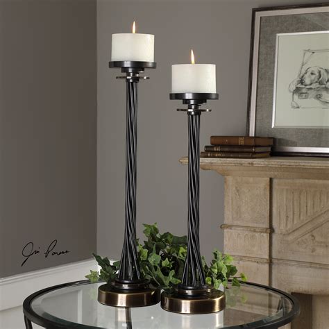 Set 2 Large Black Bronze Metal Pillar Candle Holders Tall Twisted