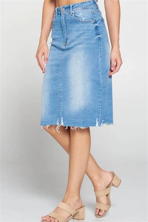 Mid Waist Frayed Denim Skirt Denim Skirt Denim Midi Skirt Frayed Denim