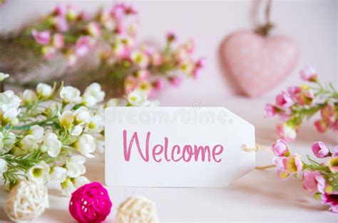 Rose Spring Flowers Decoration Label Heart Text Welcome Stock Image