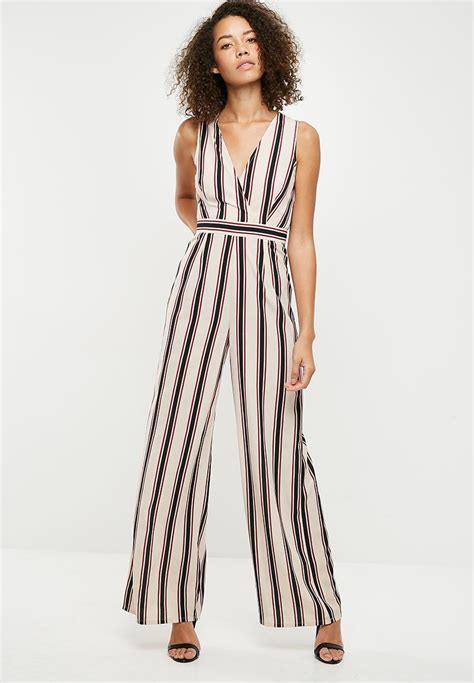Stripe Wrap Front Sleeveless Jumpsuit Cream Missguided Jumpsuits