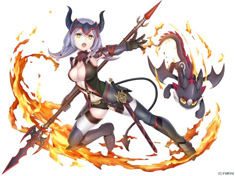 Armor Braids Breasts Cleavage Dragon Elbow Gloves Fire Gloves Gray Hair Headdress Horns Long