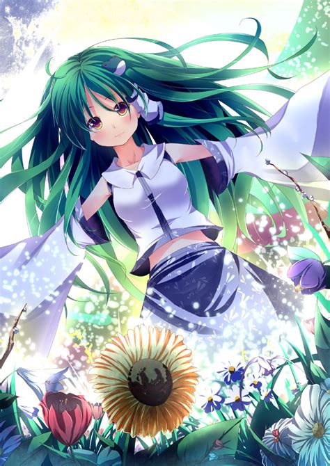 safebooru detached sleeves flower frog green hair hair ornament highres kochiya sanae long