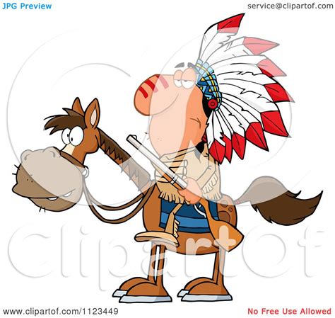 Cartoon Of A Native American Indian Chief On Horseback With A Rifle Royalty Free Vector
