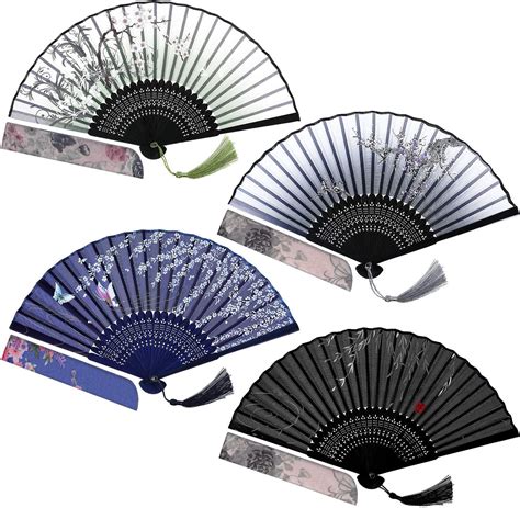 Hand Held Folding Fan 2 Pack Women Craft Silk Fan With Bamboo Frame And Elegant Tassel Come