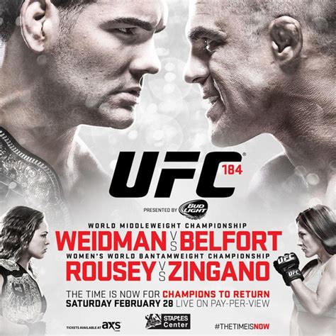 Find the latest ufc event schedule, watch information, fight cards, start times, and broadcast details. UFC 184 Weidman vs Belfort & Ronda Rousey vs Cat Zingano ...