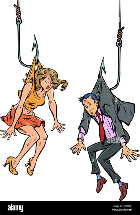 Man And Woman Lure Trap People On A Fishing Hook Dangerous Love Stock