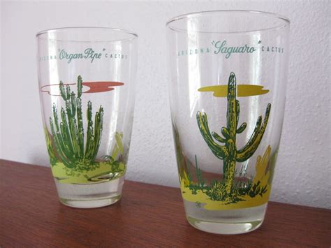 Mid Century Set Of 2 Blakely Oil Arizona Cactus Glasses
