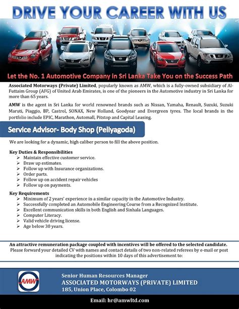Average cost to service a car in australia. Service Advisor - Bodyshop (Peliyagoda)
