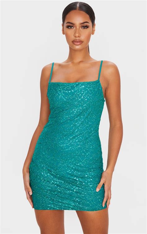 Green Strappy Sequin Bodycon Dress Prettylittlething Qa