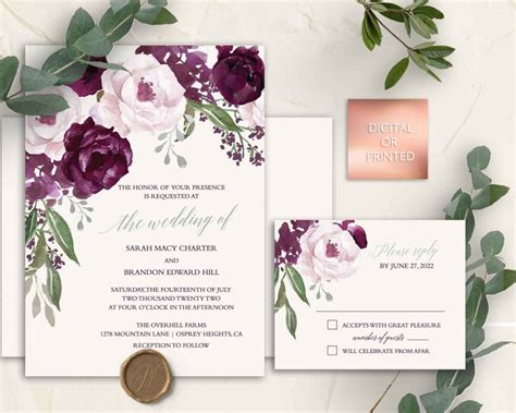 Purple Wedding Invitation Set Plum Wedding Invites Watercolor Floral