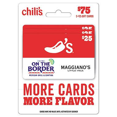 Product cannot be shipped to freight forwarding companies. Chili's, Maggiano's, On The Border, and Macaroni Grill $75 Value Gift Cards - 3 x $25 - Sam's Club