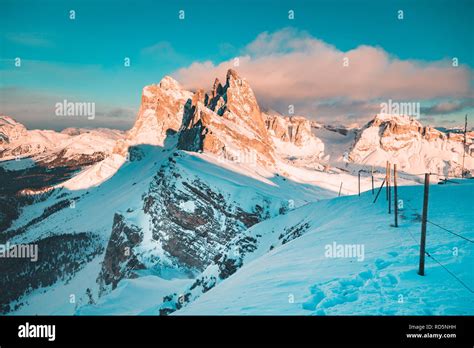 Classic View Of Famous Seceda Mountain Peaks In The Dolomites