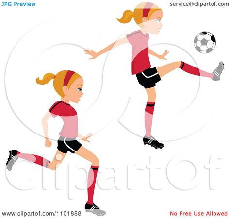 Clipart Blond Soccer Girl Player Running And Kicking Royalty Free