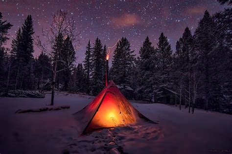 Winter Snow Tents Sky Trees Night Forest Wallpapers Hd Desktop