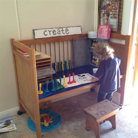 Cute Re Use Of A Childs Crib Turn It Into A Desk Or Play Space Great