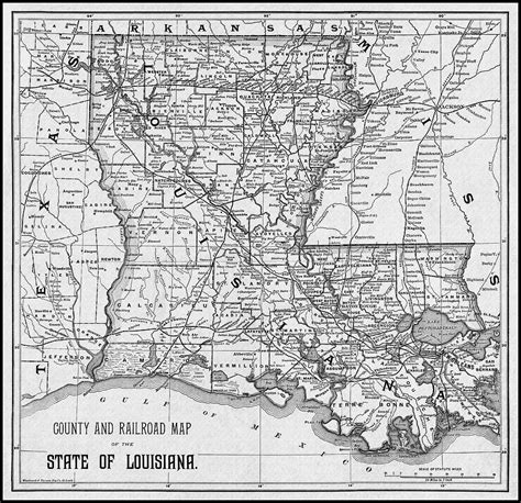 Louisiana Vintage County And Railroad Map 1870 Black And White