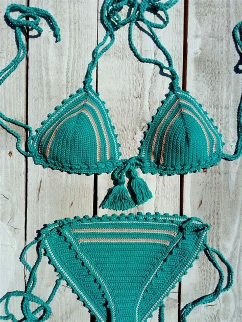 Crochet Bikini Set Turqoise Striped Bikini Crochet Swimwear Etsy