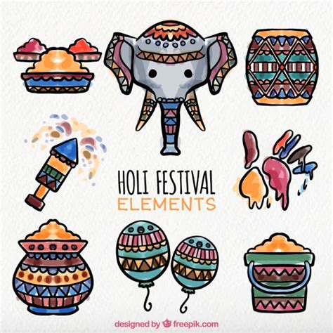 Free Vector Colorful Holi Festival Objects Painted With Watercolor