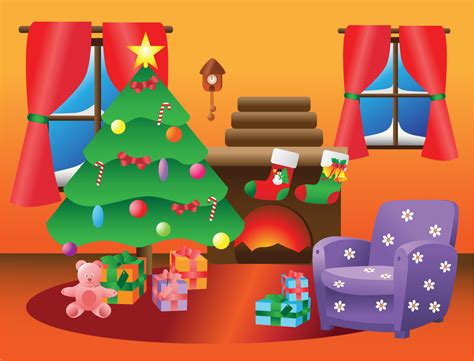 Cartoon bedroom apartment livingroom interior house room retro vintage background vector illustration. クリスマスの飾り付けをした暖かい部屋 LOVELY INDOOR CHRISTMAS DECORATION イラスト ...