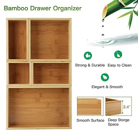 Pipishell 5 Piece Bamboo Drawer Organizer Set Varied Sizes Junk Multi