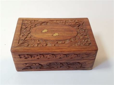 Vintage Hand Carved Inlay Wood Chest Trinket Jewelry Stash Storage Box