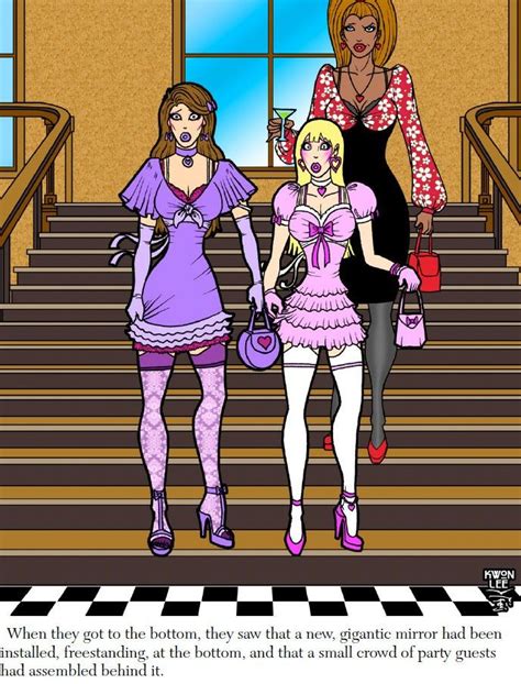 Two Women In Dresses Are Walking Down The Stairs