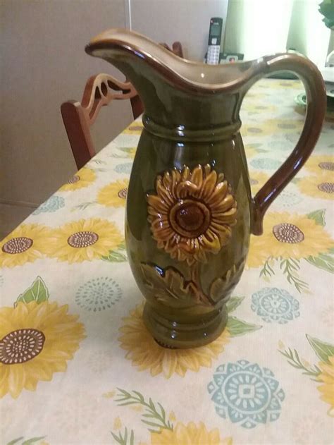 Burton And Burton Ceramic Pitcher Vase With Raised Sunflower Ceramic