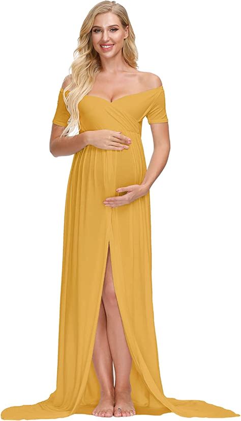 Justvh Maternity Off Shoulder Chiffon Gown For Photography Split Front