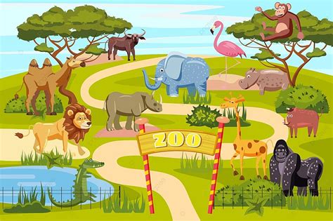 코끼리 기린 사자 사파리 동물과 영토 벡터 일러스트 레이 션에 방문자와 동물원 입구 게이트 만화 포스터 아이 입구 배너