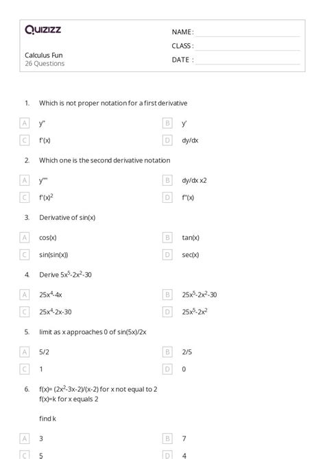 50 Calculus Worksheets For 10th Year On Quizizz Free And Printable