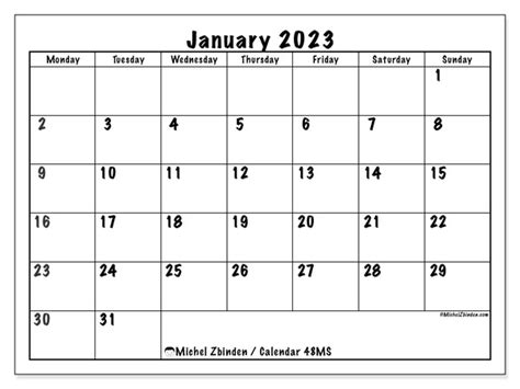 January 2023 Printable Calendar “47ms” Michel Zbinden Hk