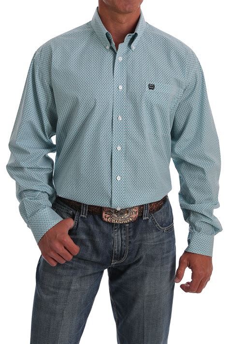 Cinch Jeans Mens Turquoise And White Basket Weave Print Button Down