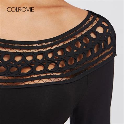 Colrovie Black Hollow Out Shoulder Solid Night Out Sexy Skinny Bodysuit Autumn Scoop Long Sleeve