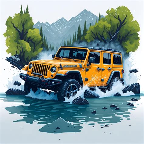 Premium AI Image A Yellow Jeep Is Driving Through A Puddle Of Water