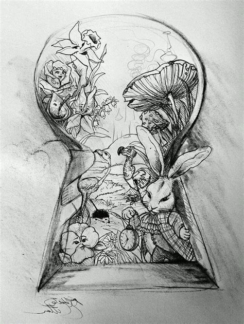 Alice In Wonderland Through The Key Hole Black And White Pencil