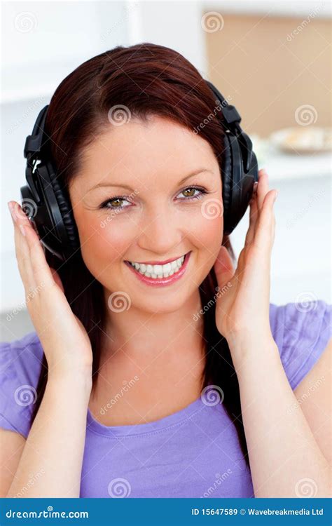 Smiling Woman Listen To Music With Headphones Stock Image Image Of